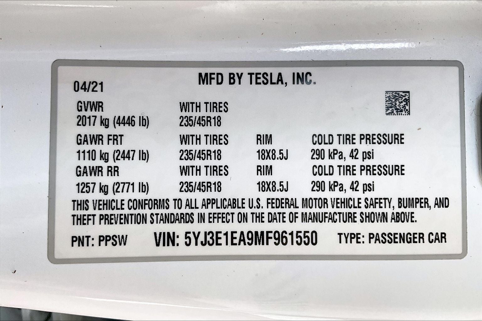 2021 Tesla Model 3 Standard Range Plus